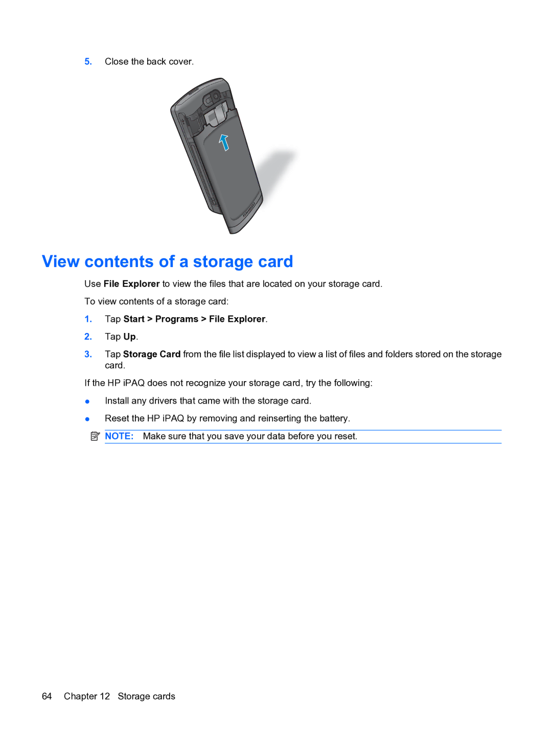 HP Data Messenger manual View contents of a storage card 