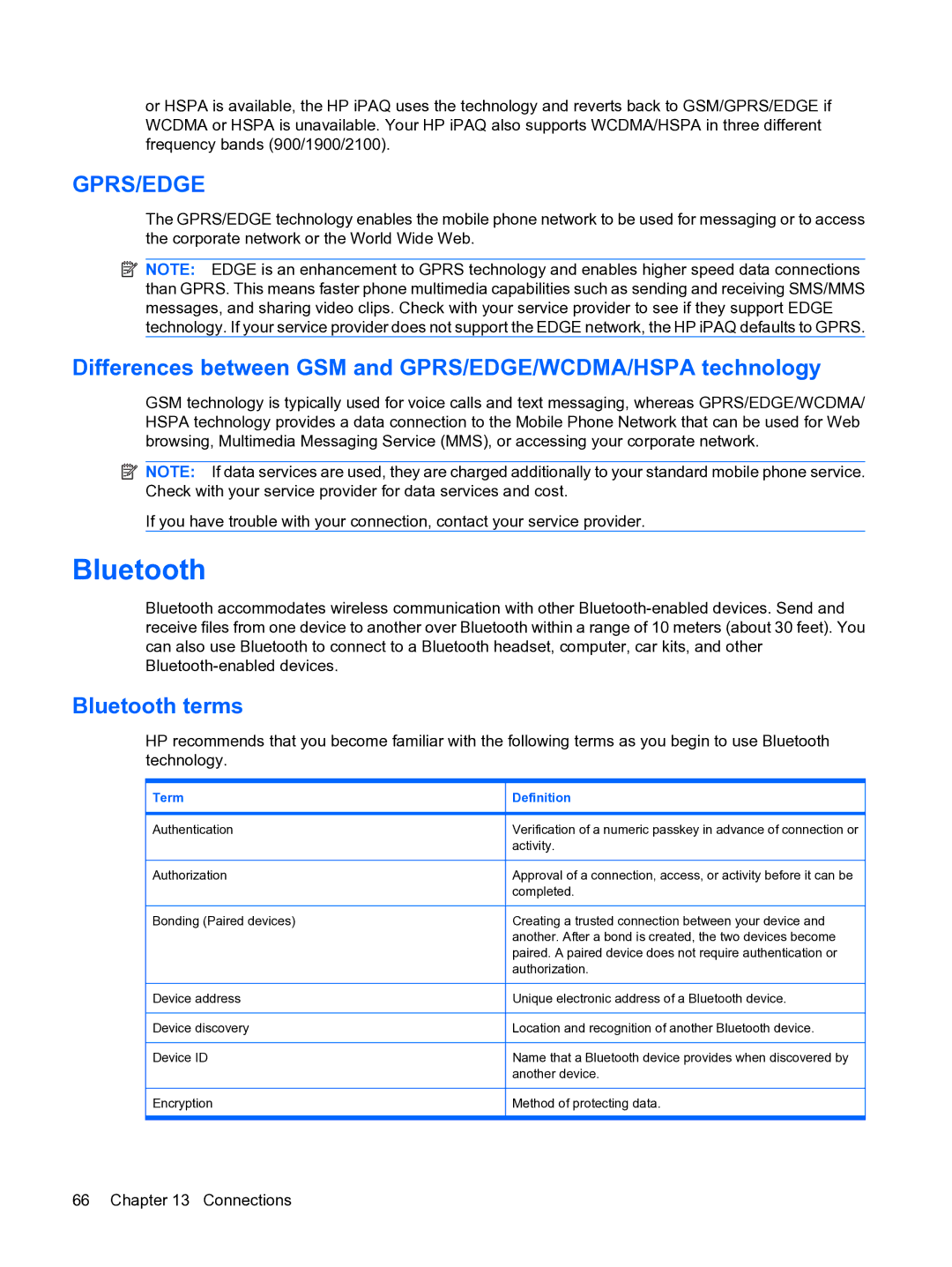 HP Data Messenger manual Differences between GSM and GPRS/EDGE/WCDMA/HSPA technology, Bluetooth terms, Term Definition 