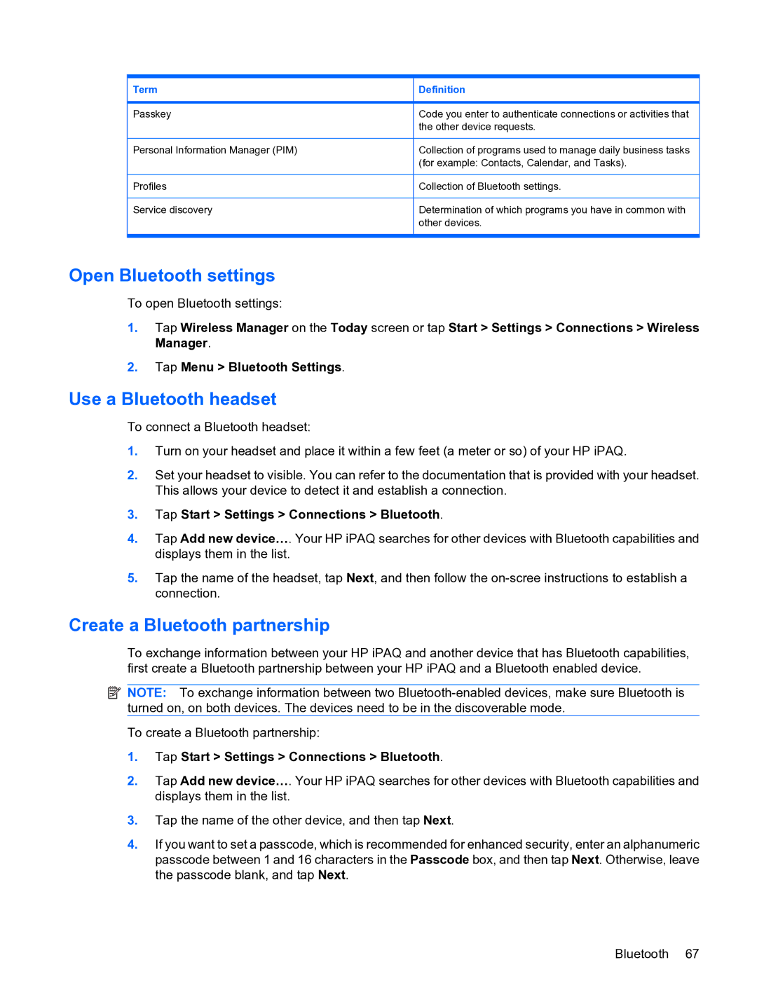 HP Data Messenger manual Open Bluetooth settings, Use a Bluetooth headset, Create a Bluetooth partnership, Term 