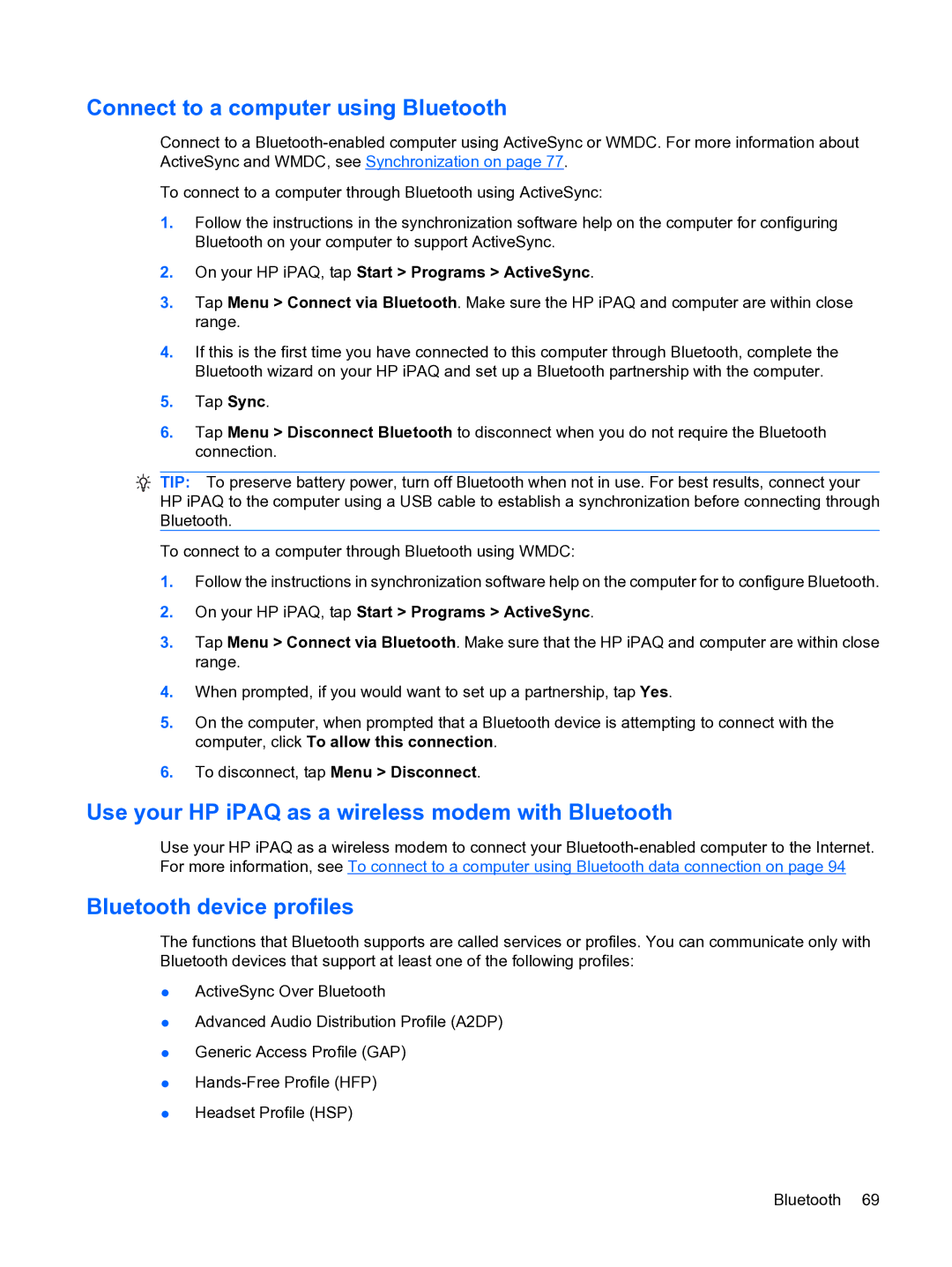 HP Data Messenger manual Connect to a computer using Bluetooth, Use your HP iPAQ as a wireless modem with Bluetooth 