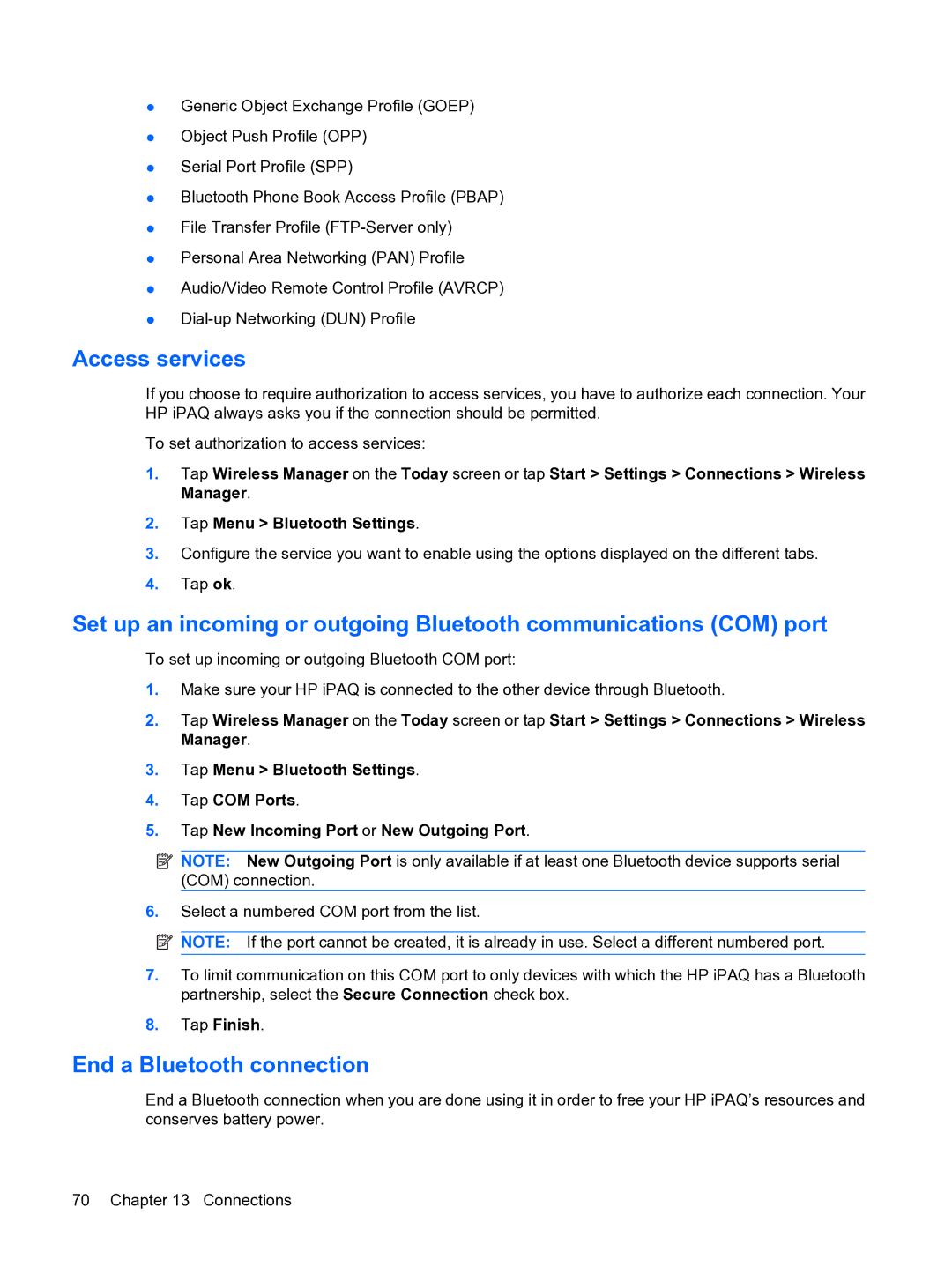 HP Data Messenger manual Access services, End a Bluetooth connection, Tap Finish 