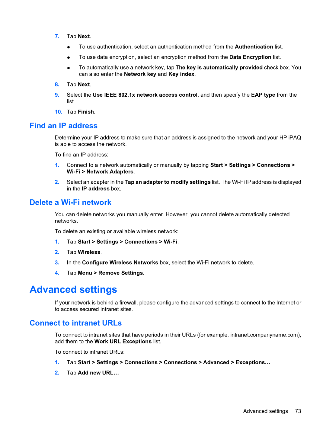 HP Data Messenger manual Advanced settings, Find an IP address, Delete a Wi-Fi network, Connect to intranet URLs 