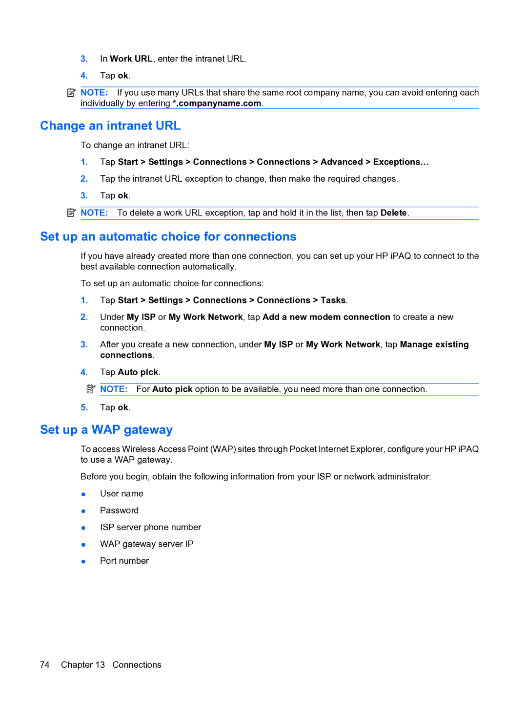 HP Data Messenger Change an intranet URL, Set up an automatic choice for connections, Set up a WAP gateway, Tap Auto pick 