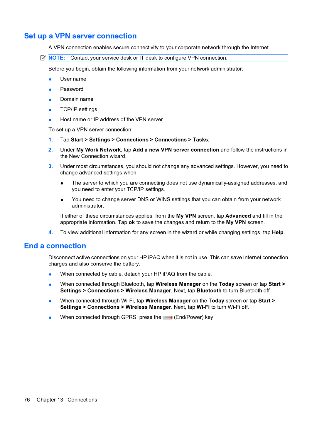 HP Data Messenger manual Set up a VPN server connection, End a connection 