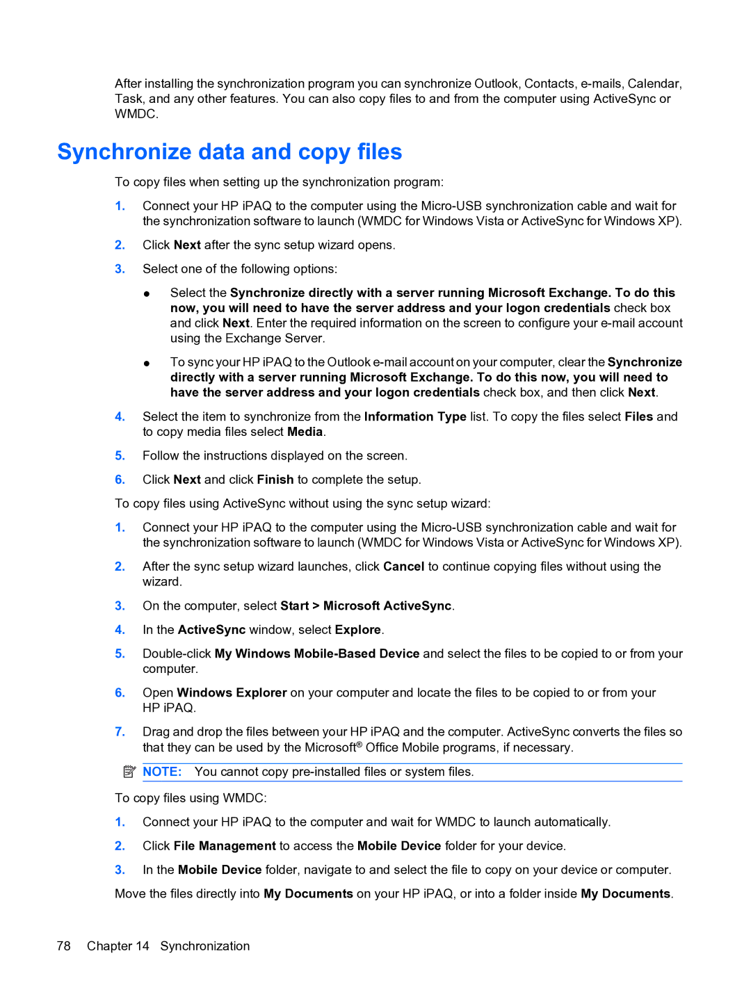 HP Data Messenger manual Synchronize data and copy files, On the computer, select Start Microsoft ActiveSync 