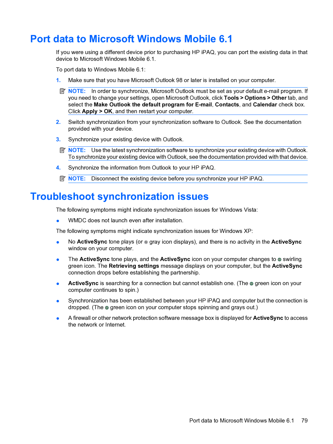 HP Data Messenger manual Port data to Microsoft Windows Mobile, Troubleshoot synchronization issues 