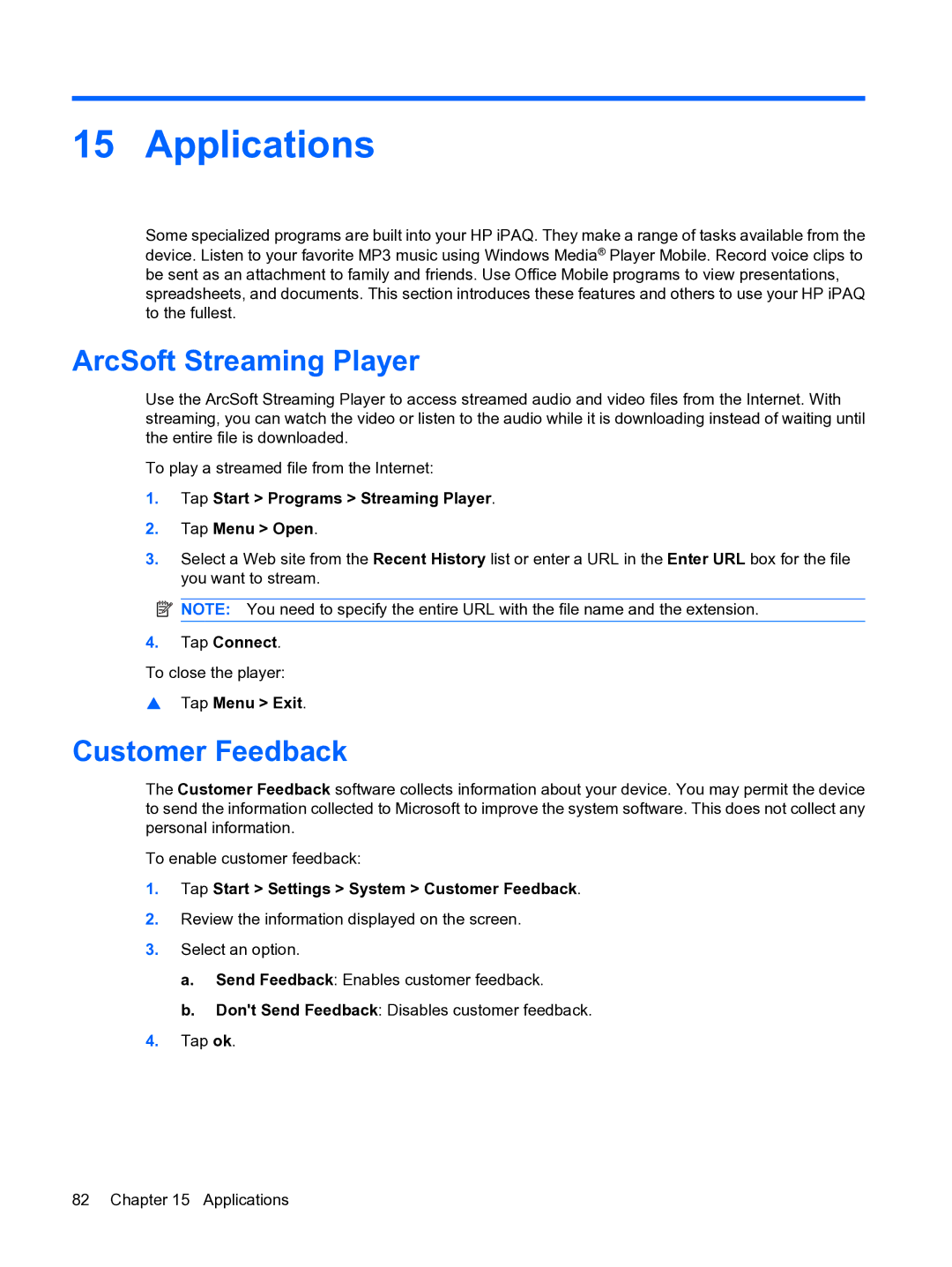 HP Data Messenger manual Applications, ArcSoft Streaming Player, Customer Feedback 