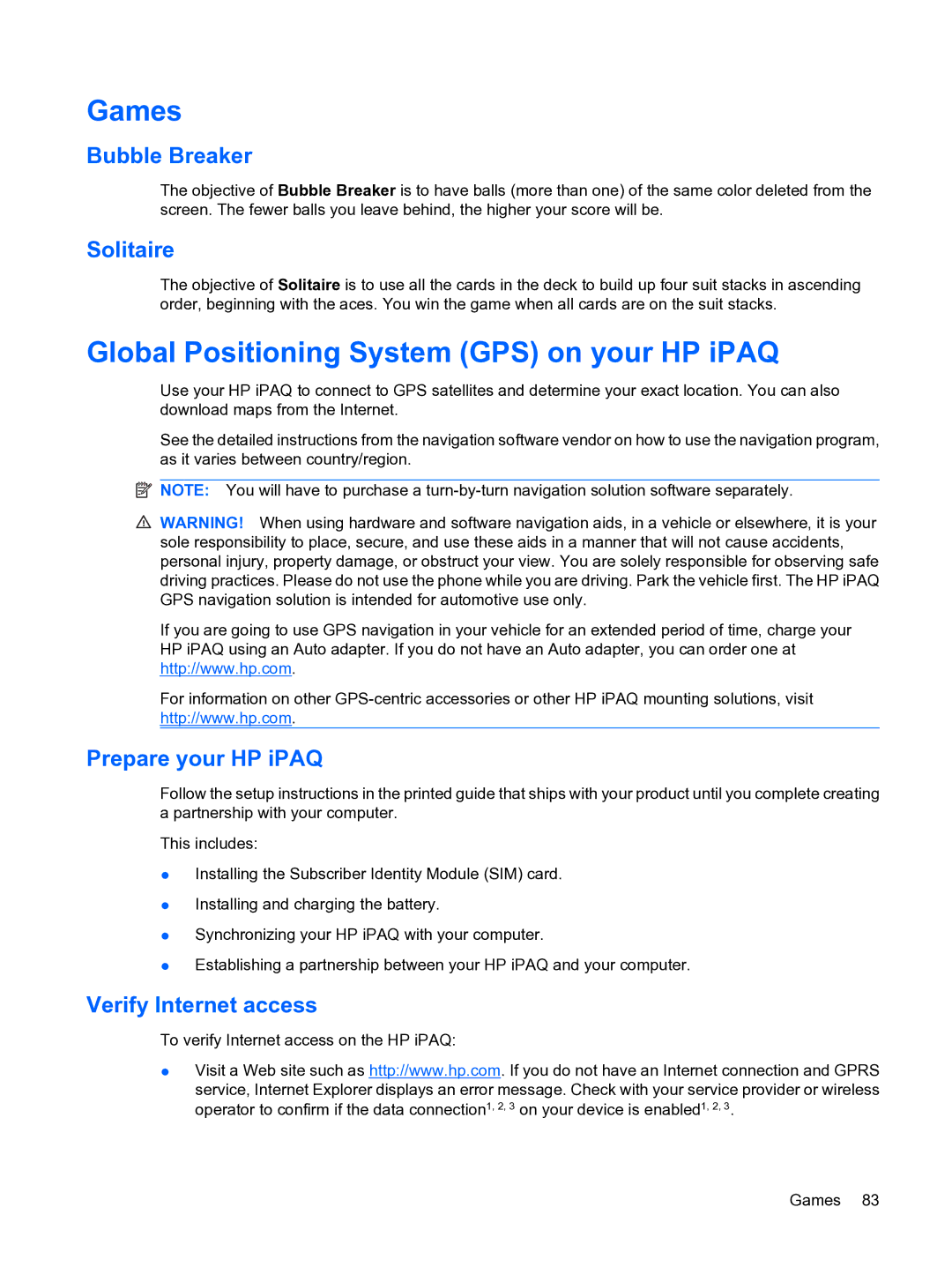 HP Data Messenger manual Games, Global Positioning System GPS on your HP iPAQ 