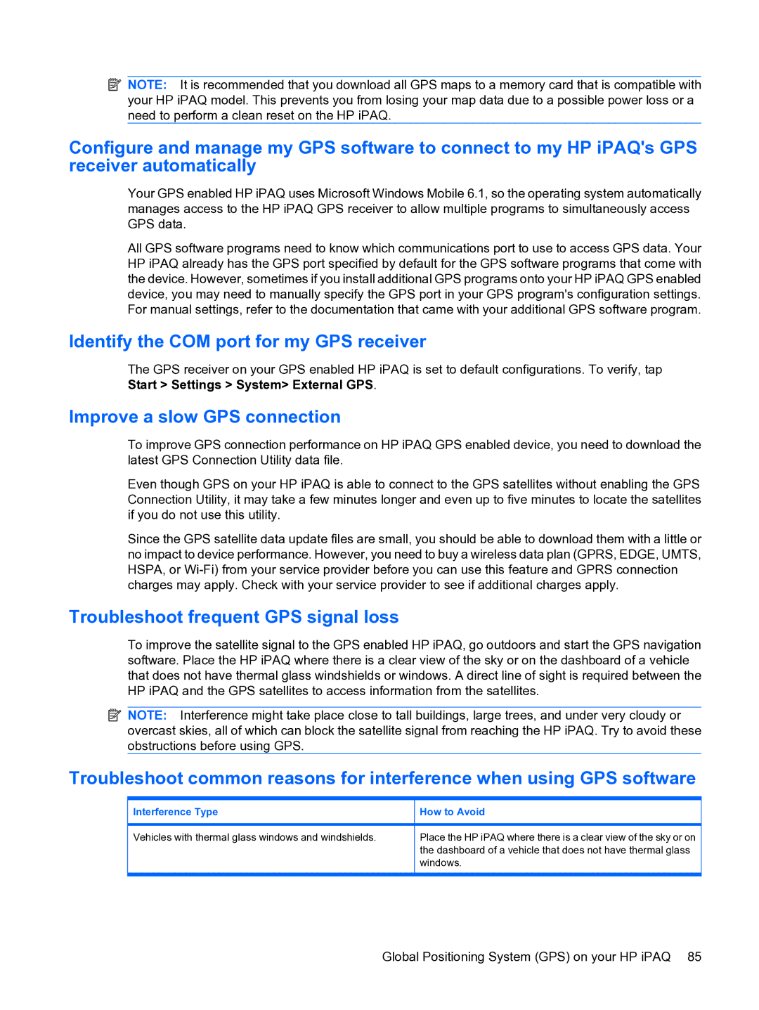 HP Data Messenger Identify the COM port for my GPS receiver, Improve a slow GPS connection, Interference Type How to Avoid 