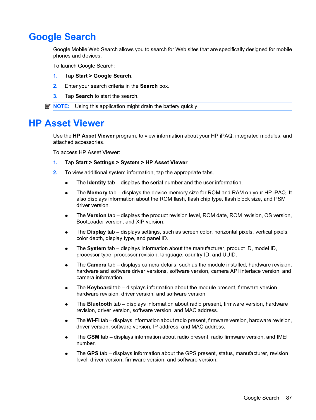 HP Data Messenger manual HP Asset Viewer, Tap Start Google Search 