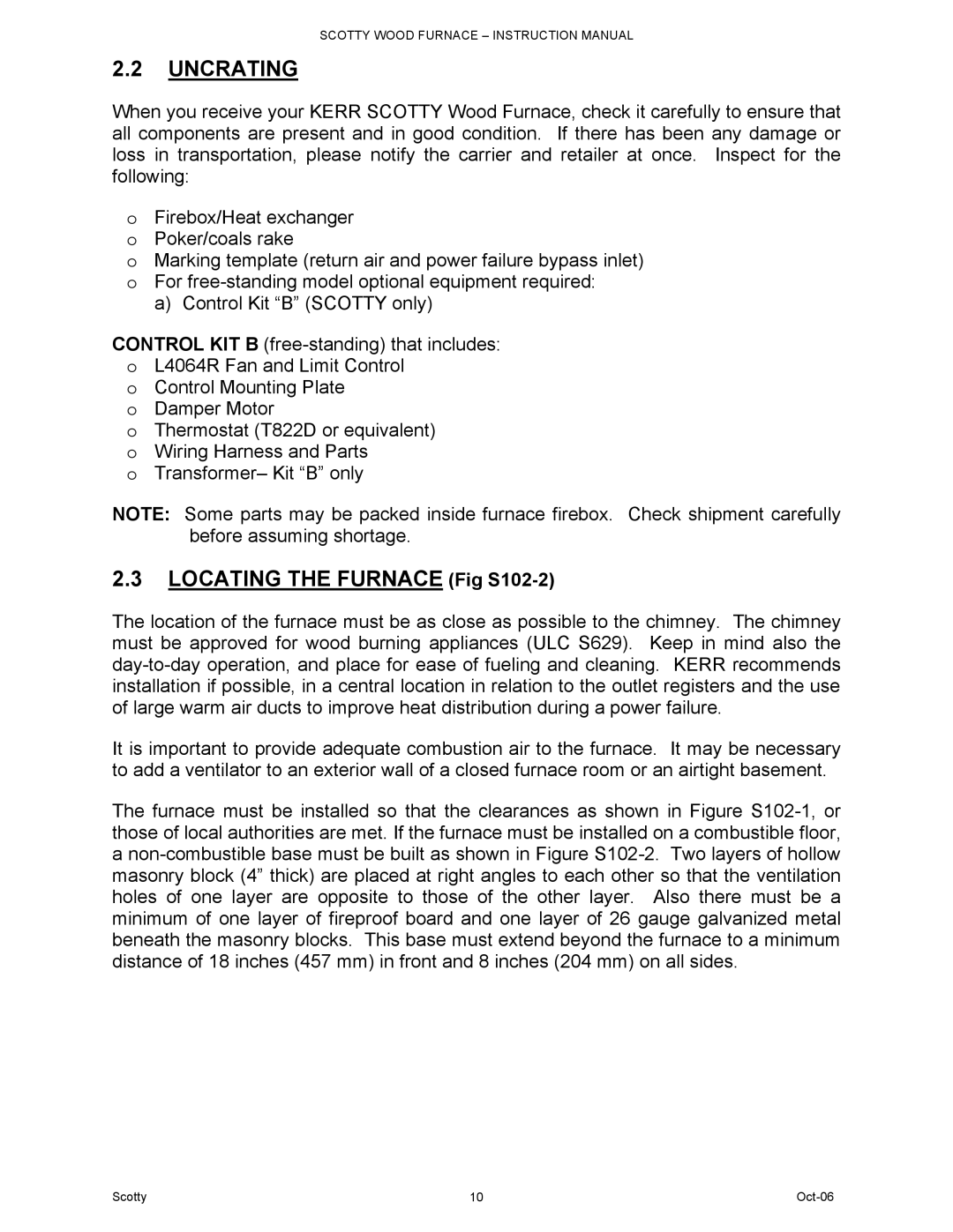 HP DB-102 manual Uncrating, Locating the Furnace Fig S102-2 