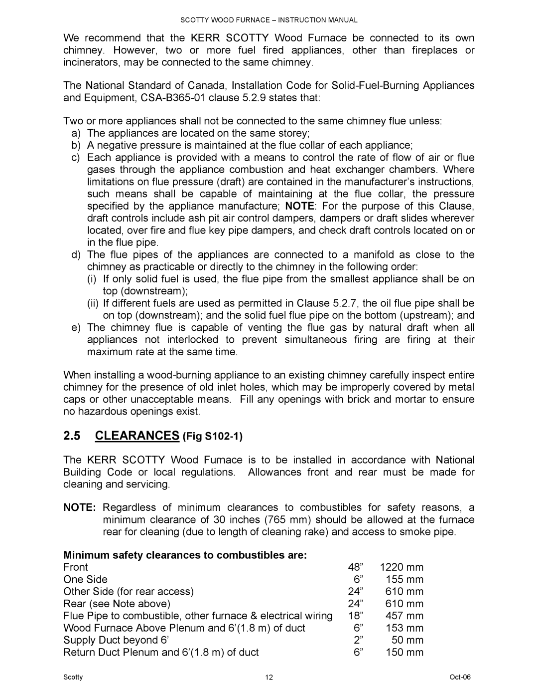 HP DB-102 manual Clearances Fig S102-1, Minimum safety clearances to combustibles are 