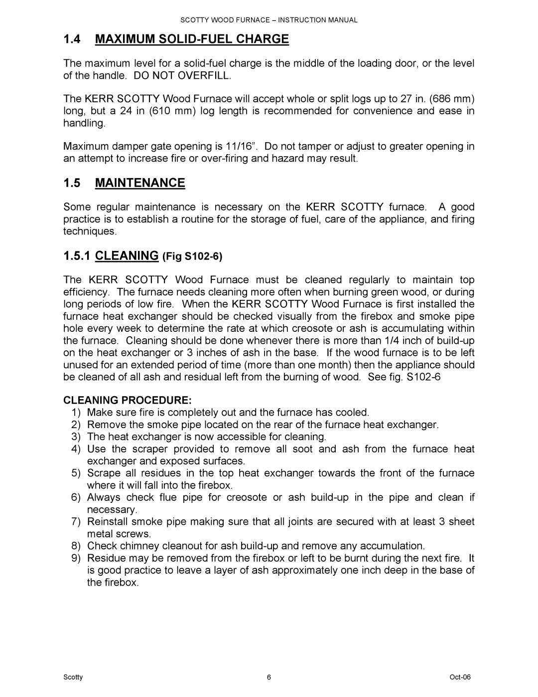 HP DB-102 manual Maximum SOLID-FUEL Charge, Maintenance, Cleaning Fig S102-6, Cleaning Procedure 