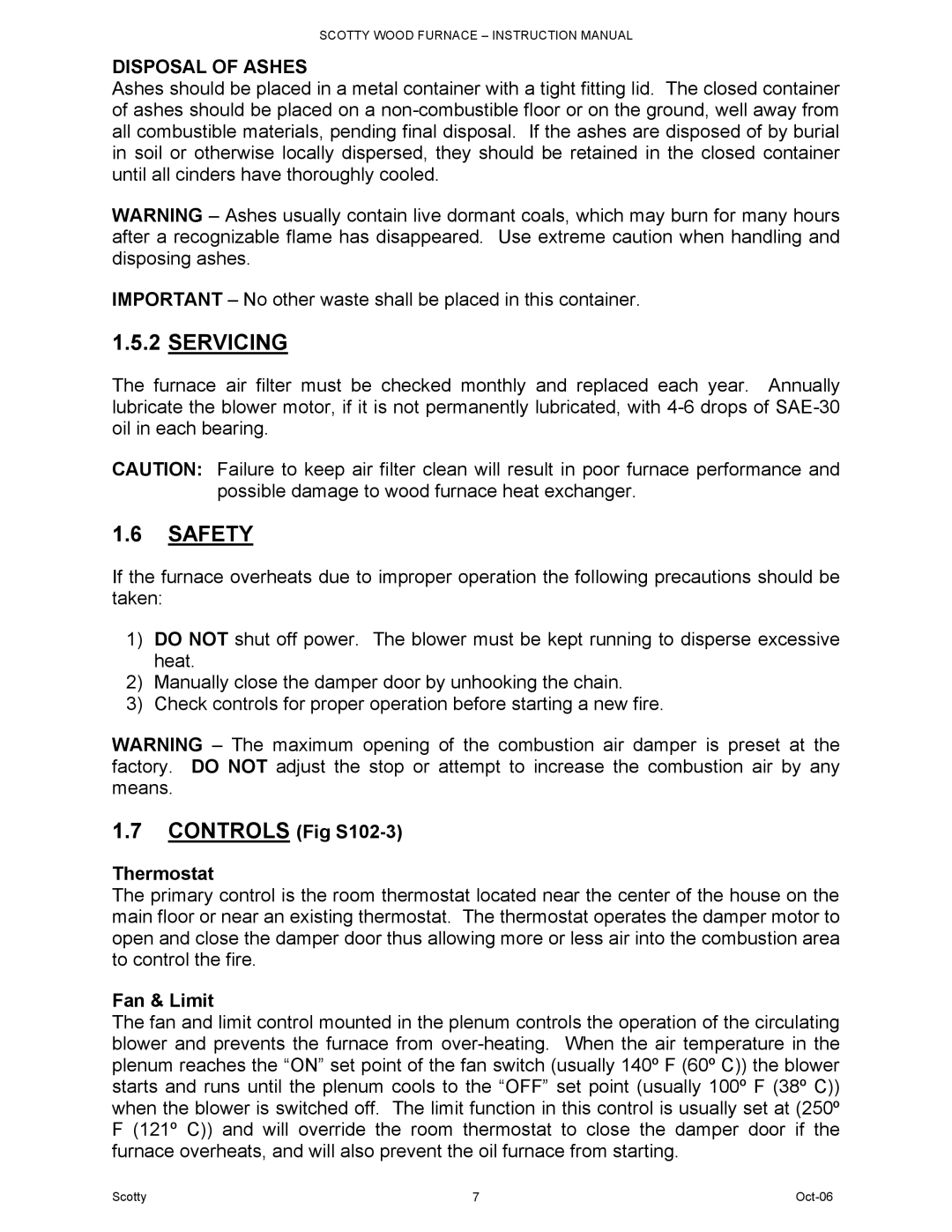 HP DB-102 manual Servicing, Safety, Disposal of Ashes, Controls Fig S102-3 Thermostat, Fan & Limit 