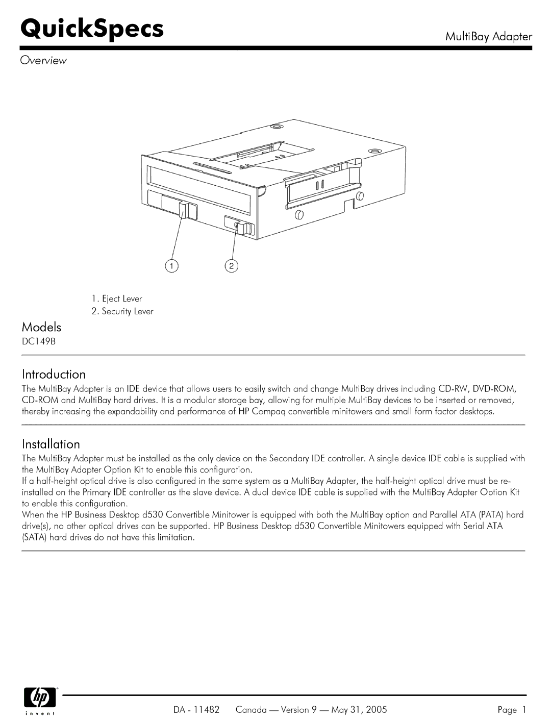 HP DC149B manual Models, Introduction, Installation, Eject Lever Security Lever 