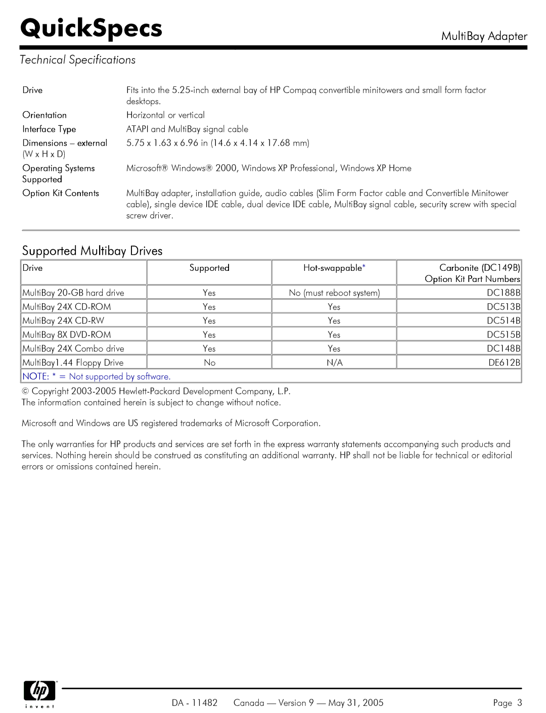 HP DC149B manual Supported Multibay Drives 