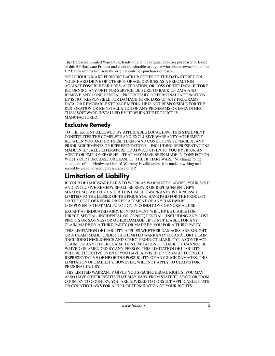 HP DC5000 manual Limitation of Liability, Exclusive Remedy 