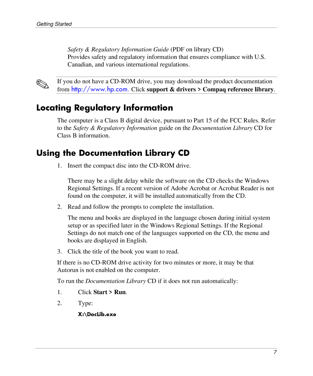 HP DC5000 manual Locating Regulatory Information, Using the Documentation Library CD 