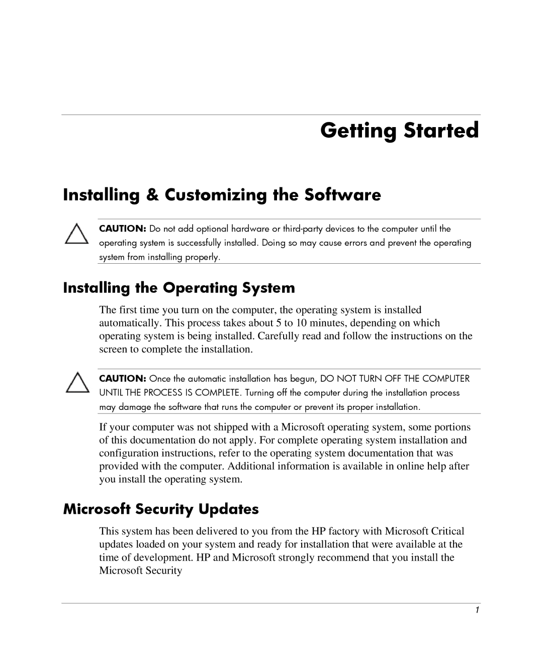 HP DC5000 manual Installing & Customizing the Software, Installing the Operating System, Microsoft Security Updates 