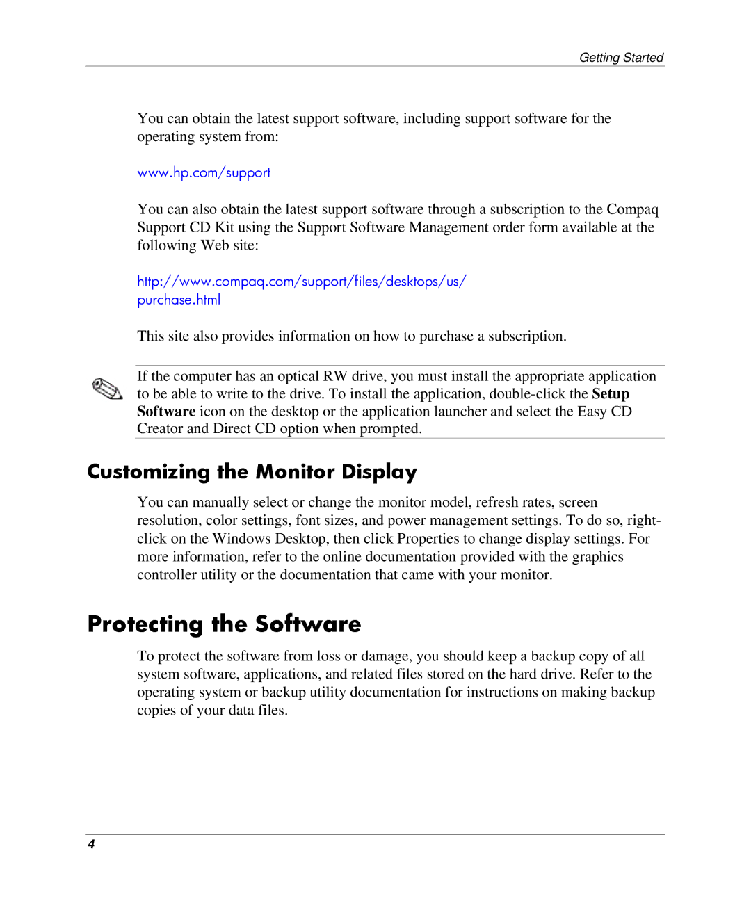 HP DC5000 manual Protecting the Software, Customizing the Monitor Display 