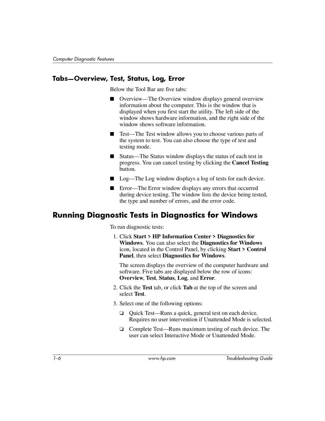 HP DC5100 manual Running Diagnostic Tests in Diagnostics for Windows 