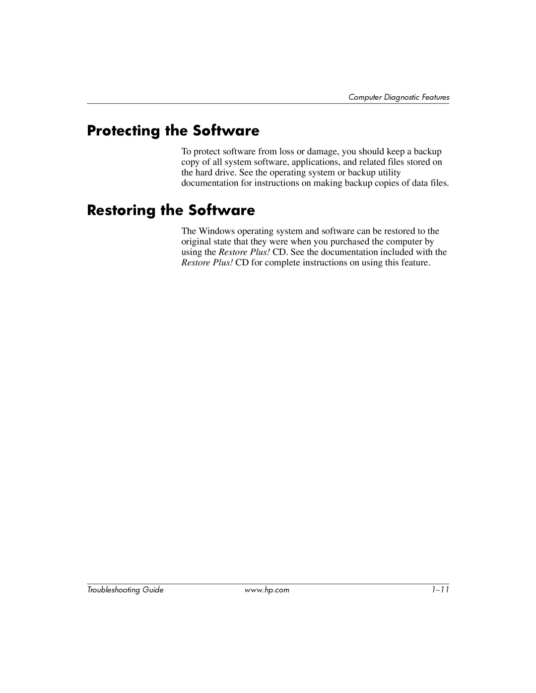 HP DC5100 manual Protecting the Software, Restoring the Software 