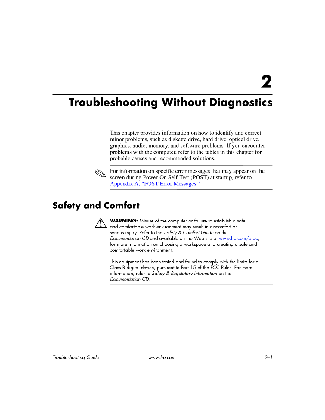 HP DC5100 manual Troubleshooting Without Diagnostics, Safety and Comfort 