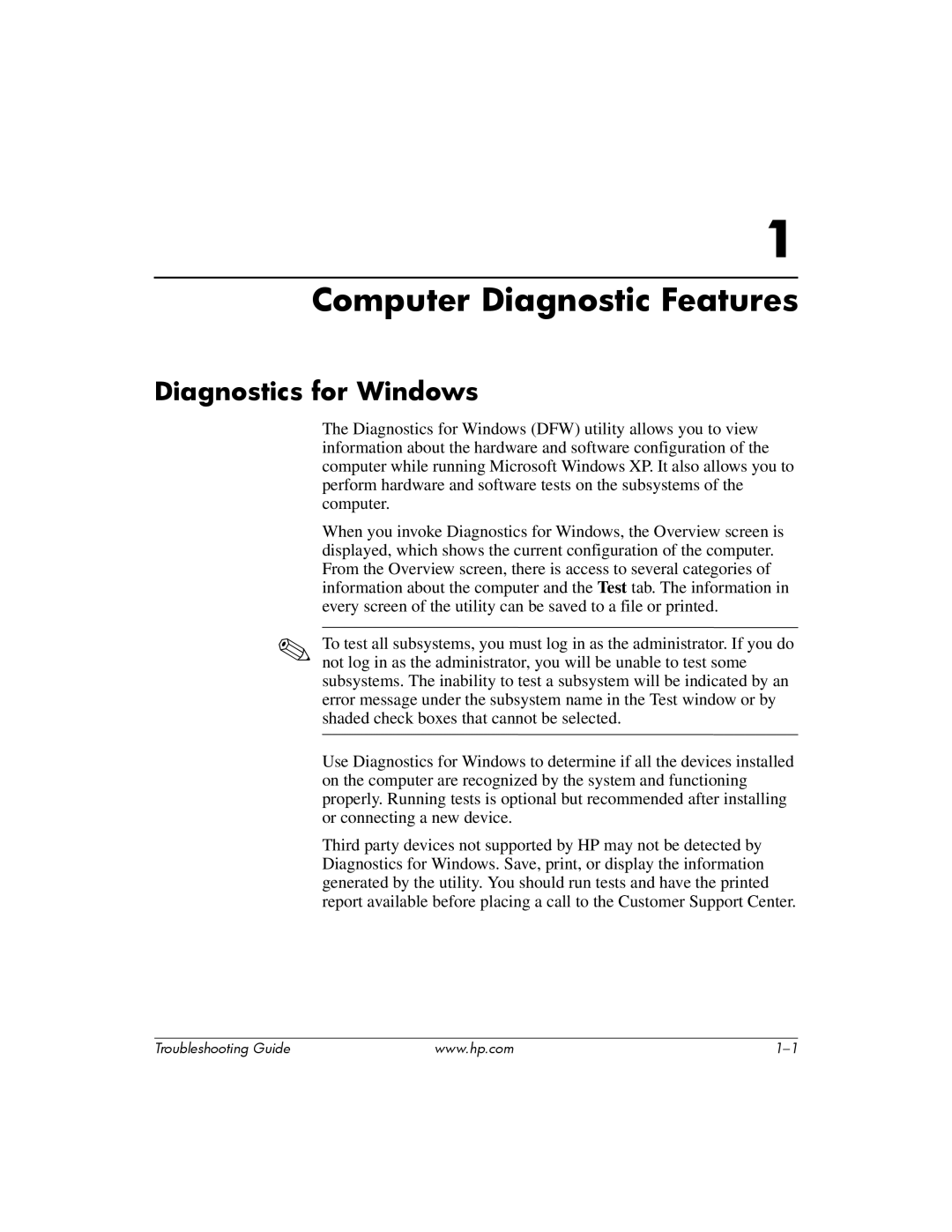 HP DC5100 manual Computer Diagnostic Features, Diagnostics for Windows 