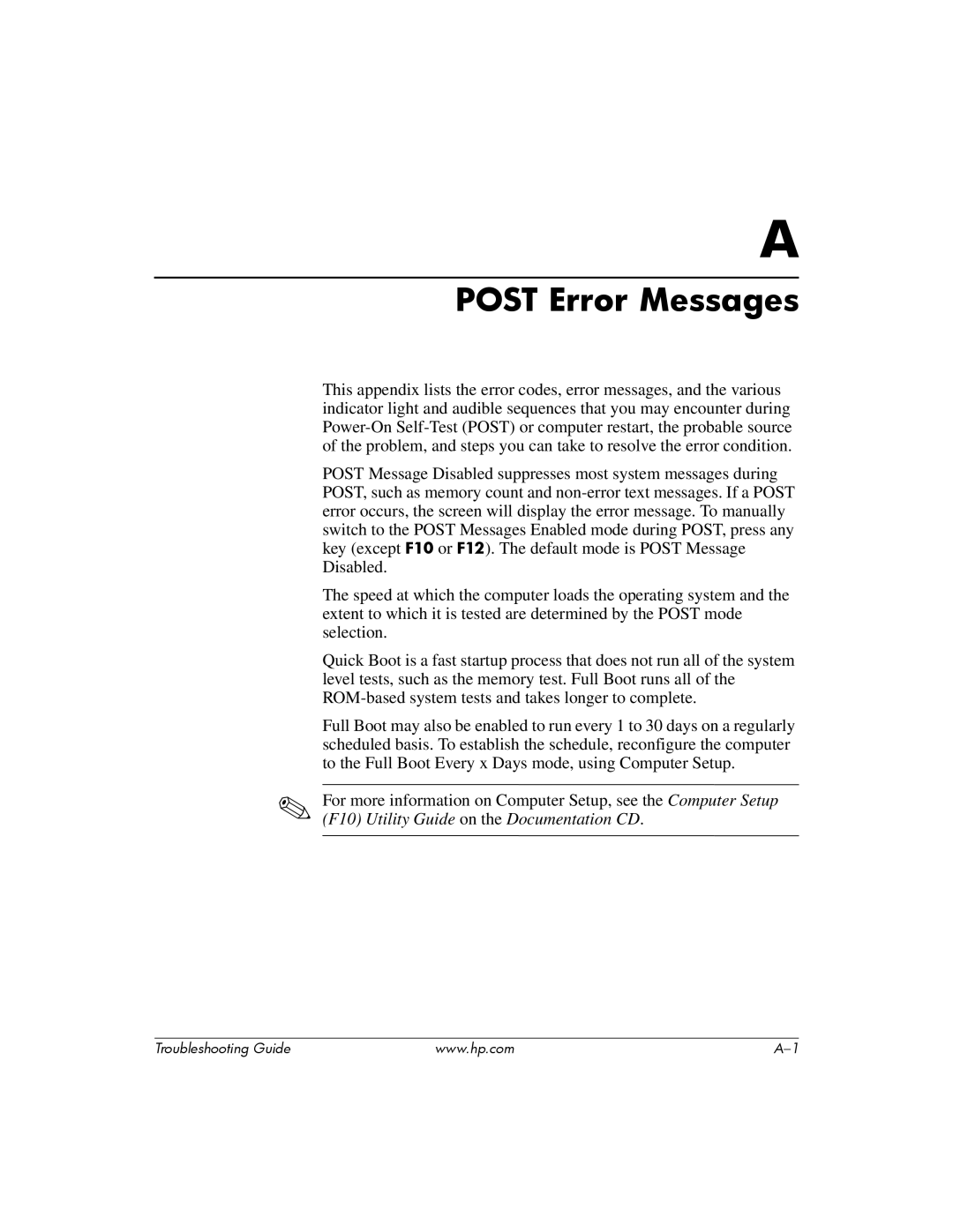 HP DC5100 manual Post Error Messages 