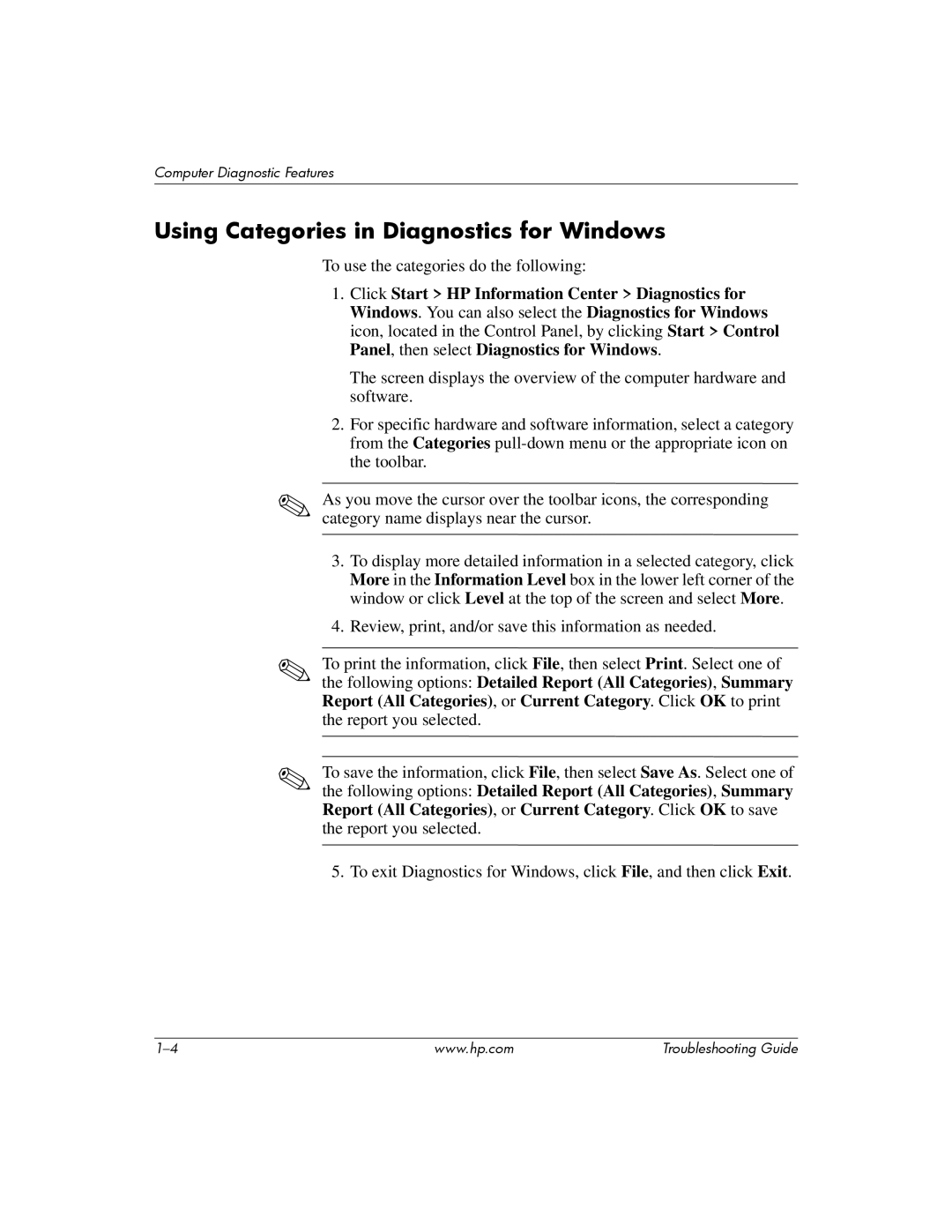 HP DC5100 manual Using Categories in Diagnostics for Windows 