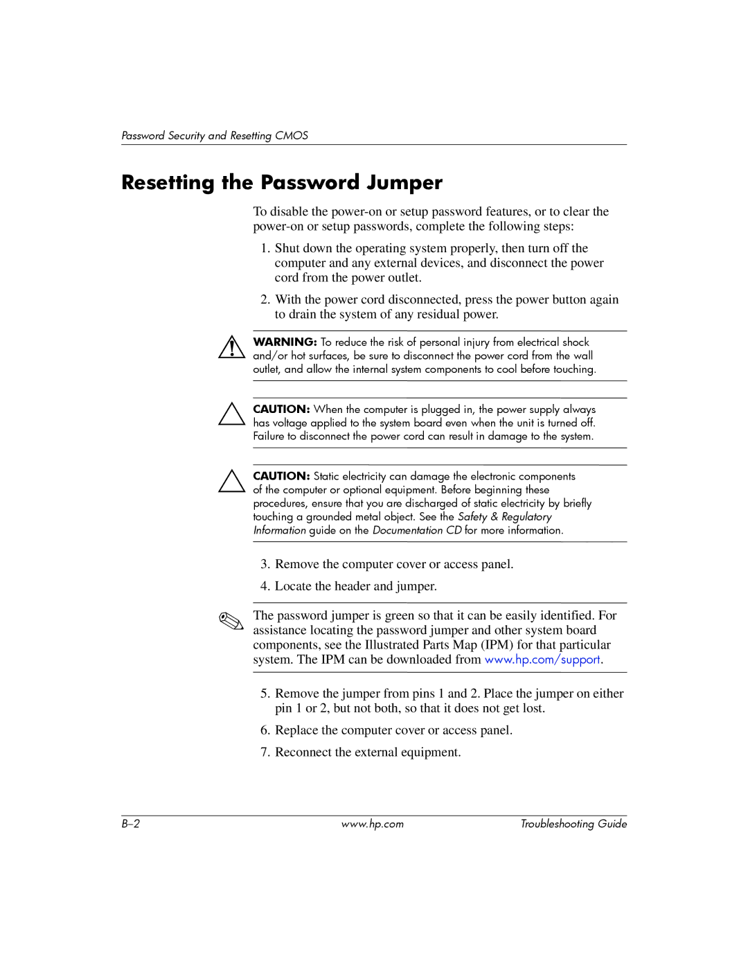 HP DC5100 manual Resetting the Password Jumper 