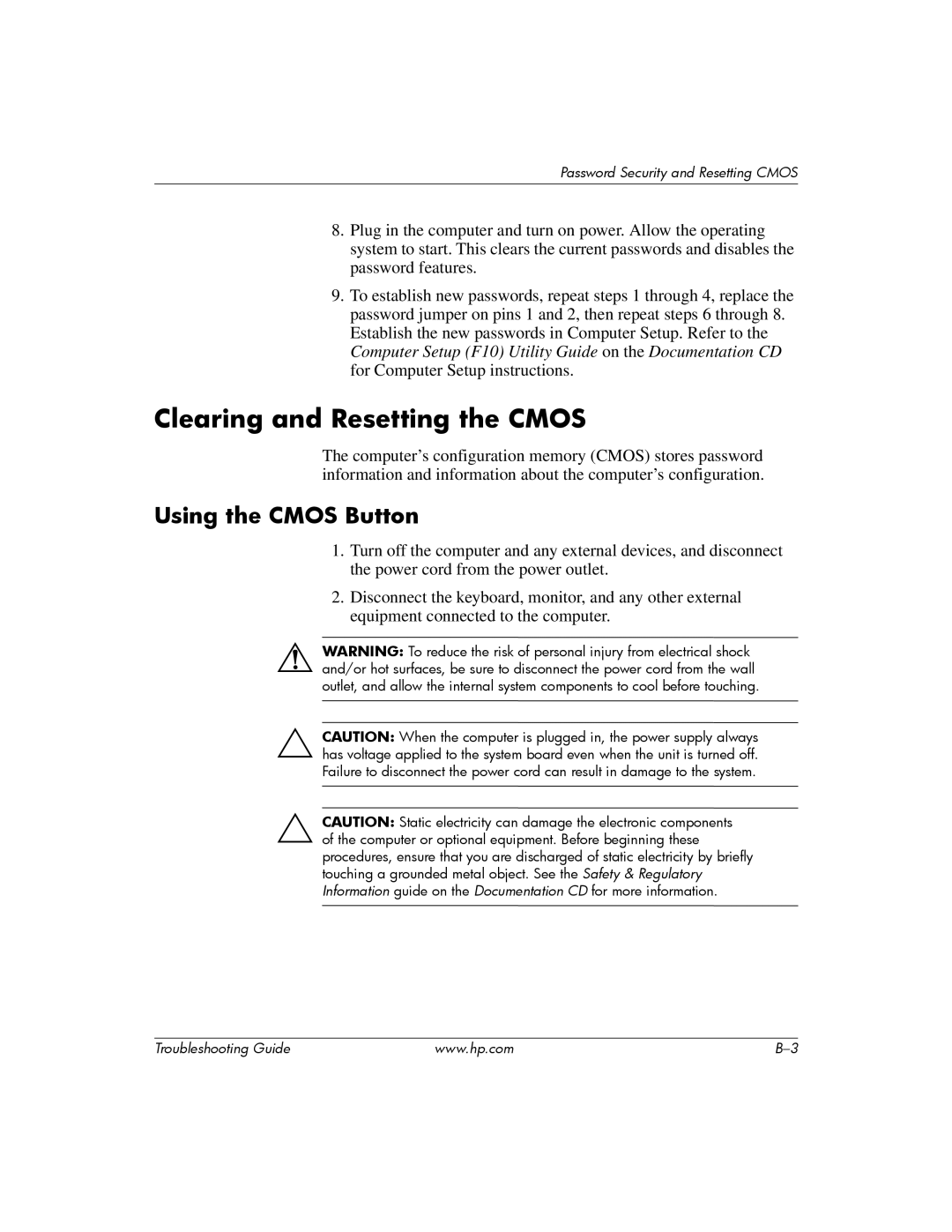 HP DC5100 manual Clearing and Resetting the Cmos, Using the Cmos Button 