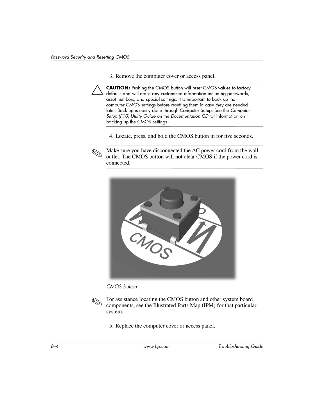 HP DC5100 manual Cmos button 