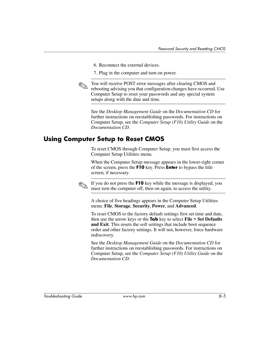 HP DC5100 manual Using Computer Setup to Reset Cmos 