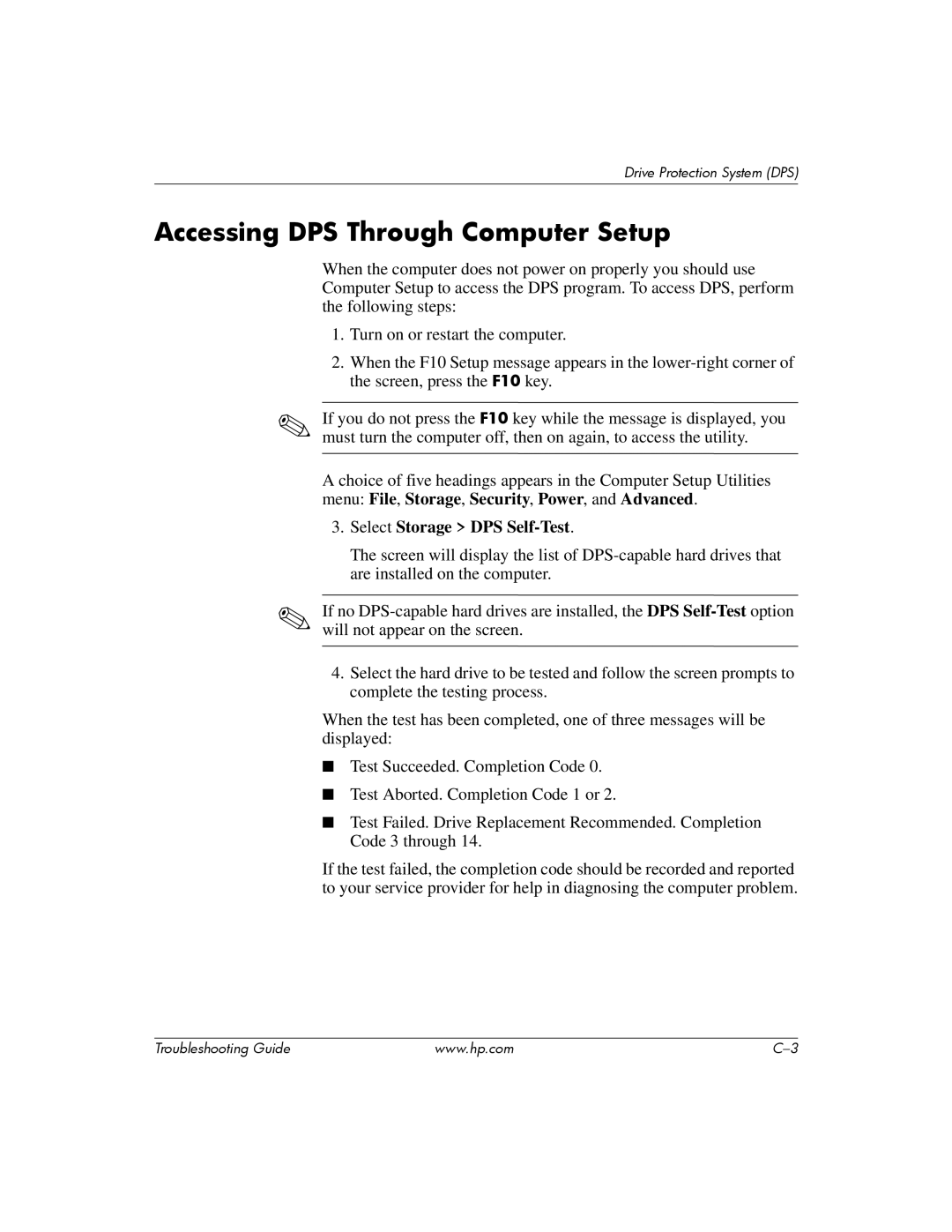 HP DC5100 manual Accessing DPS Through Computer Setup, Select Storage DPS Self-Test 