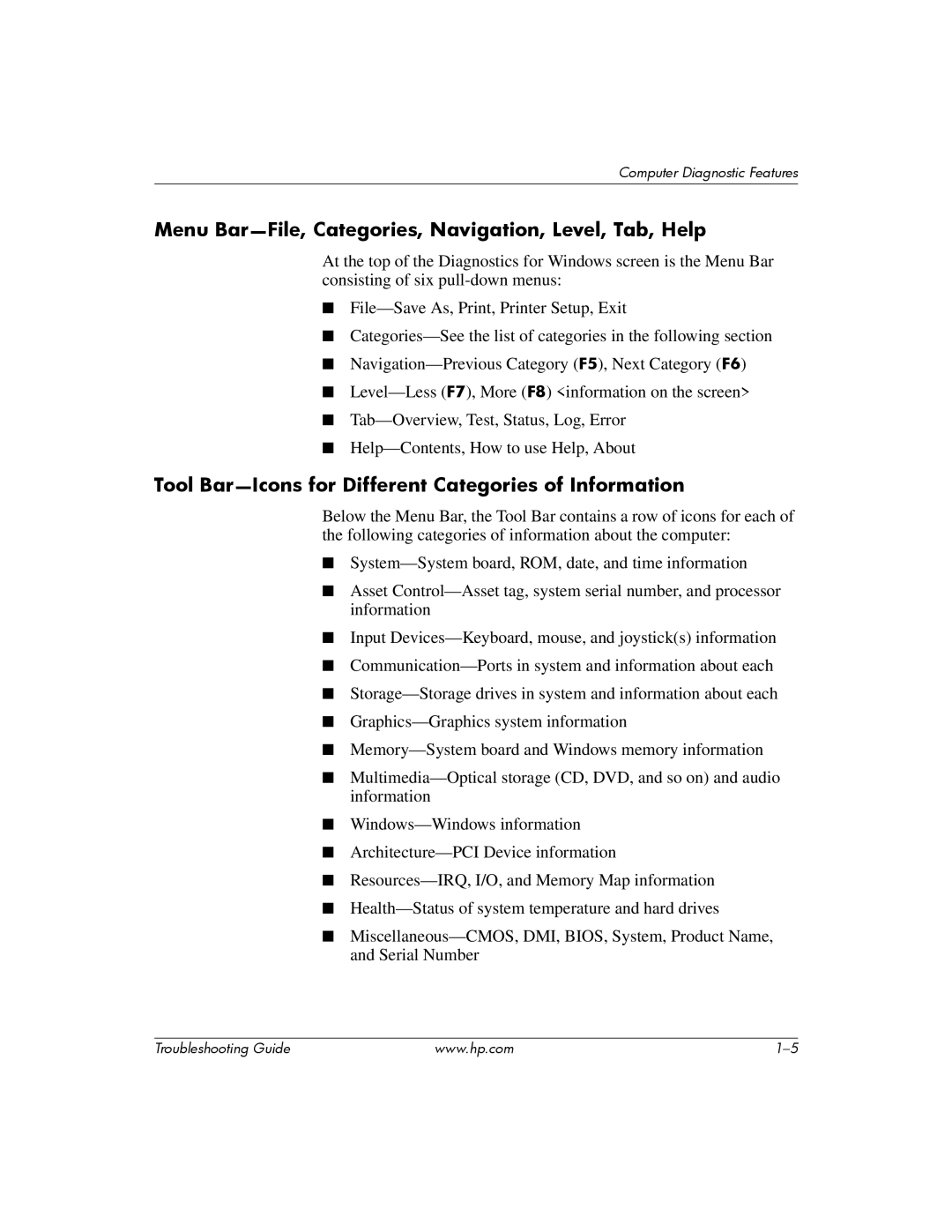 HP DC5100 manual Menu Bar-File, Categories, Navigation, Level, Tab, Help 