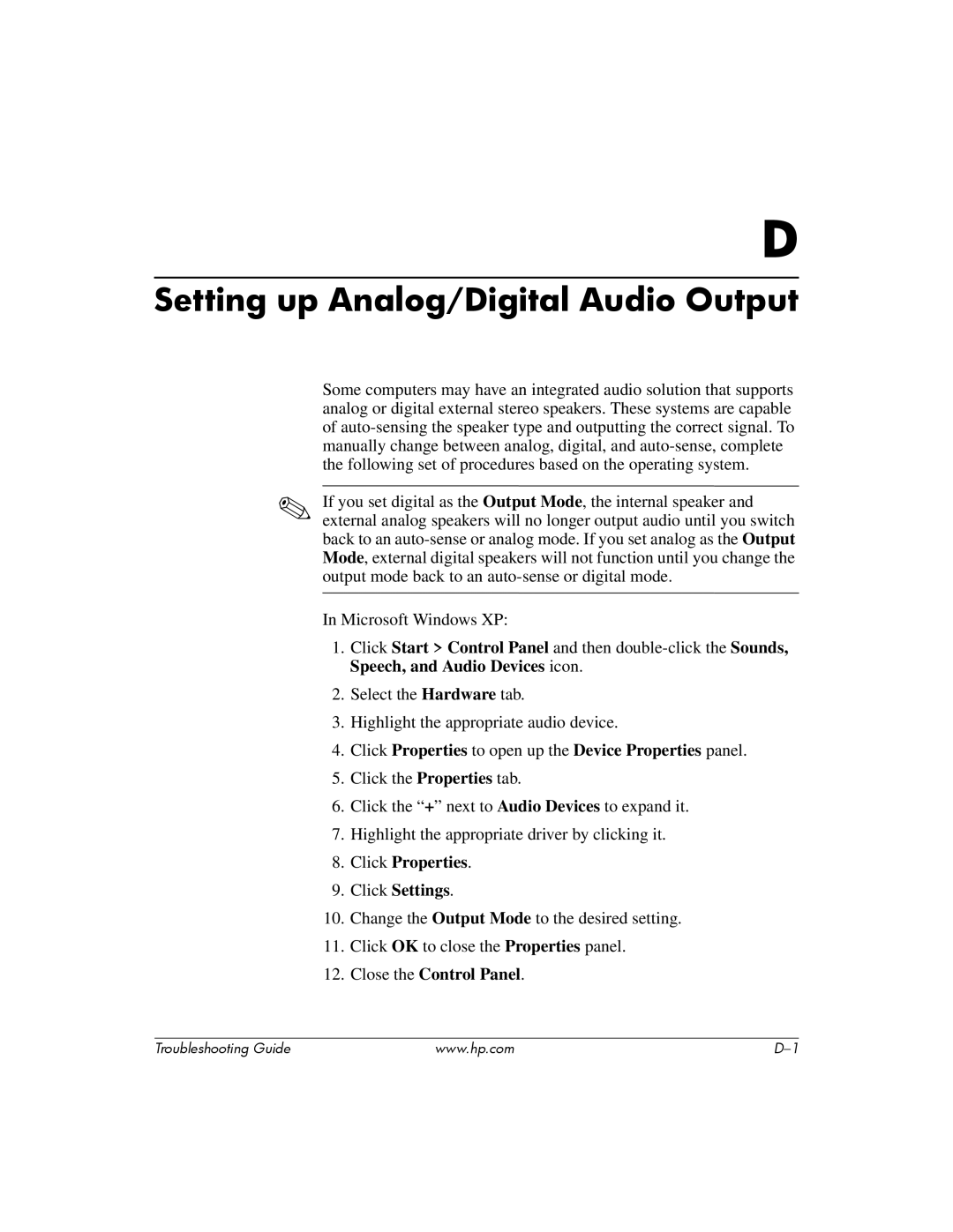 HP DC5100 manual Setting up Analog/Digital Audio Output 