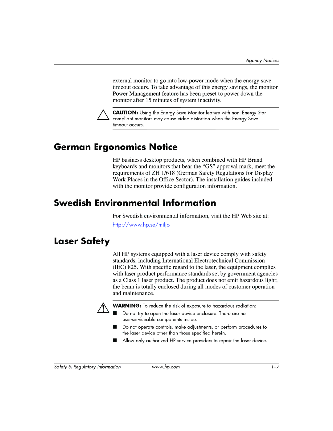 HP DC5100 manual German Ergonomics Notice, Swedish Environmental Information, Laser Safety 