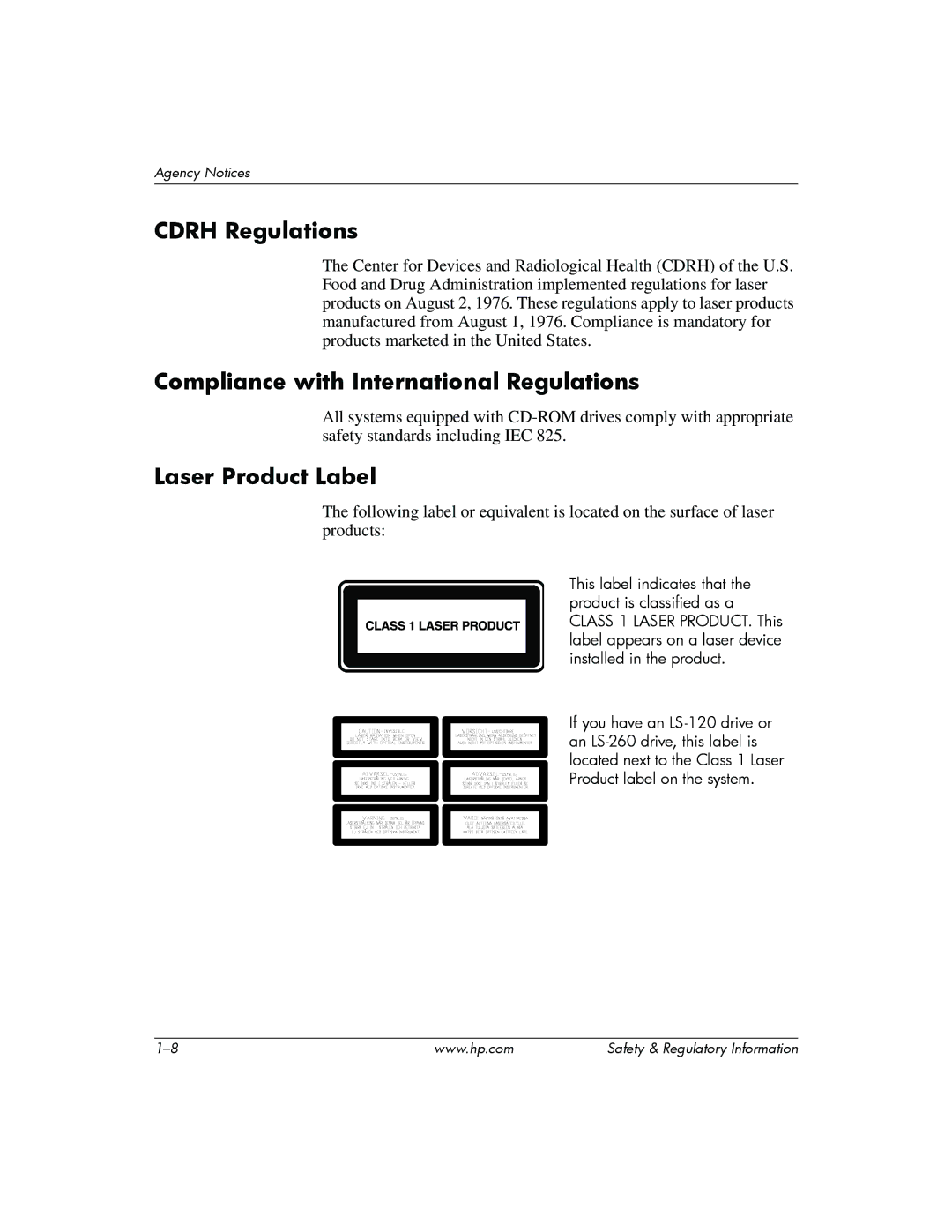 HP DC5100 manual Cdrh Regulations, Compliance with International Regulations, Laser Product Label 