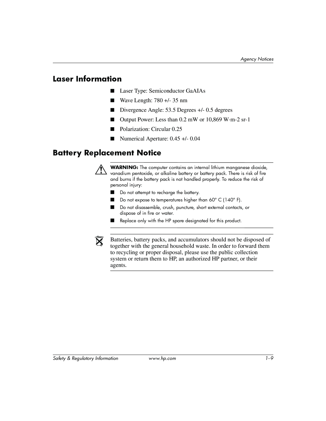 HP DC5100 manual Laser Information, Battery Replacement Notice 