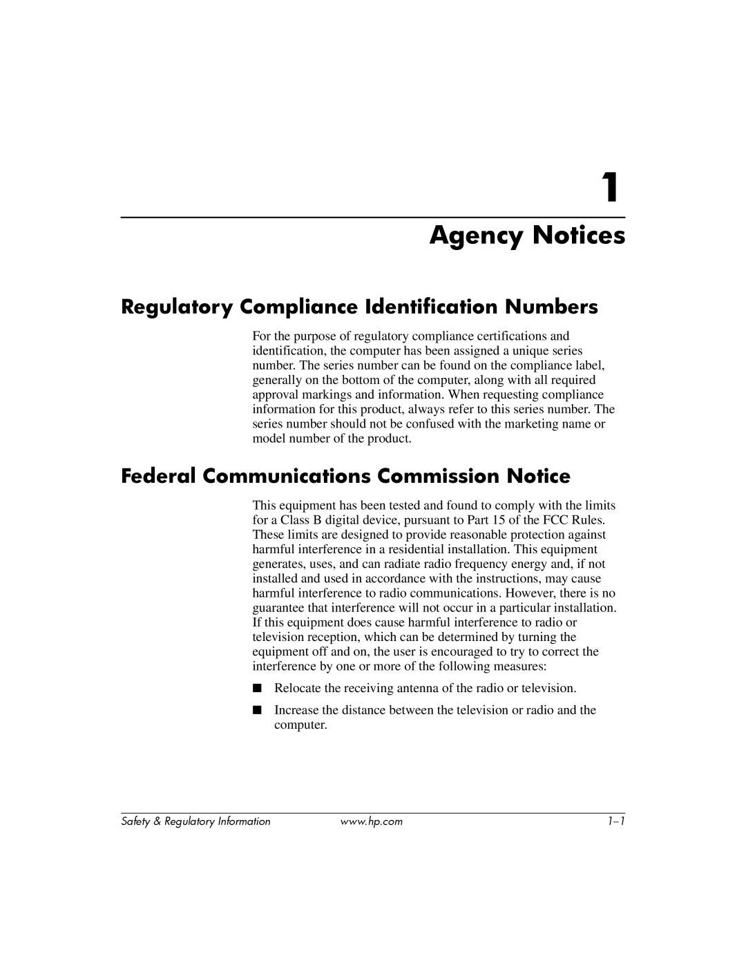 HP DC5100 manual Agency Notices, Regulatory Compliance Identification Numbers, Federal Communications Commission Notice 