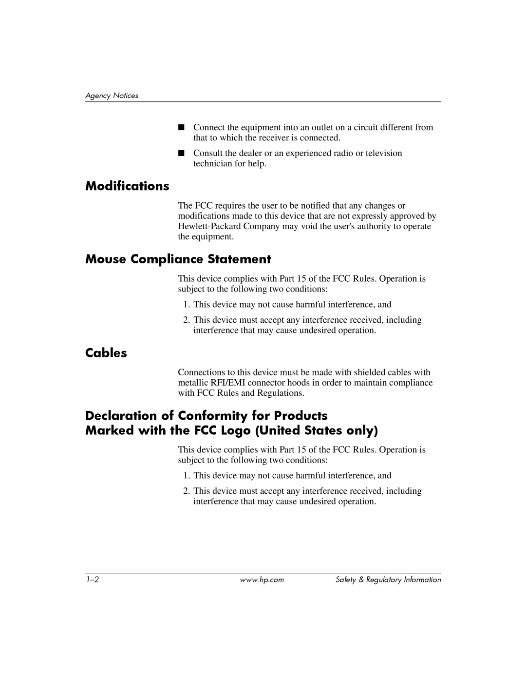 HP DC5100 manual Modifications, Mouse Compliance Statement, Cables 