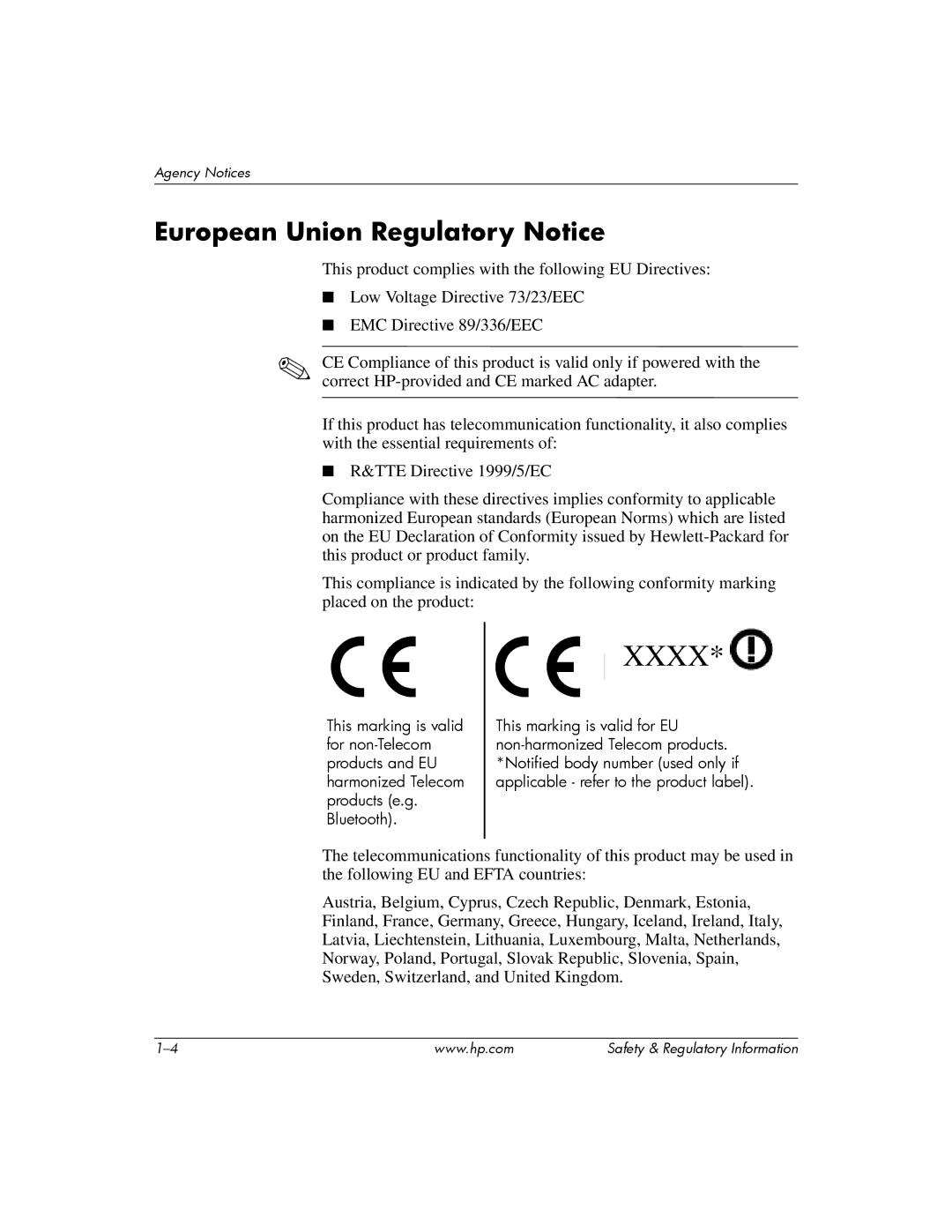 HP DC5100 manual Xxxx, European Union Regulatory Notice 