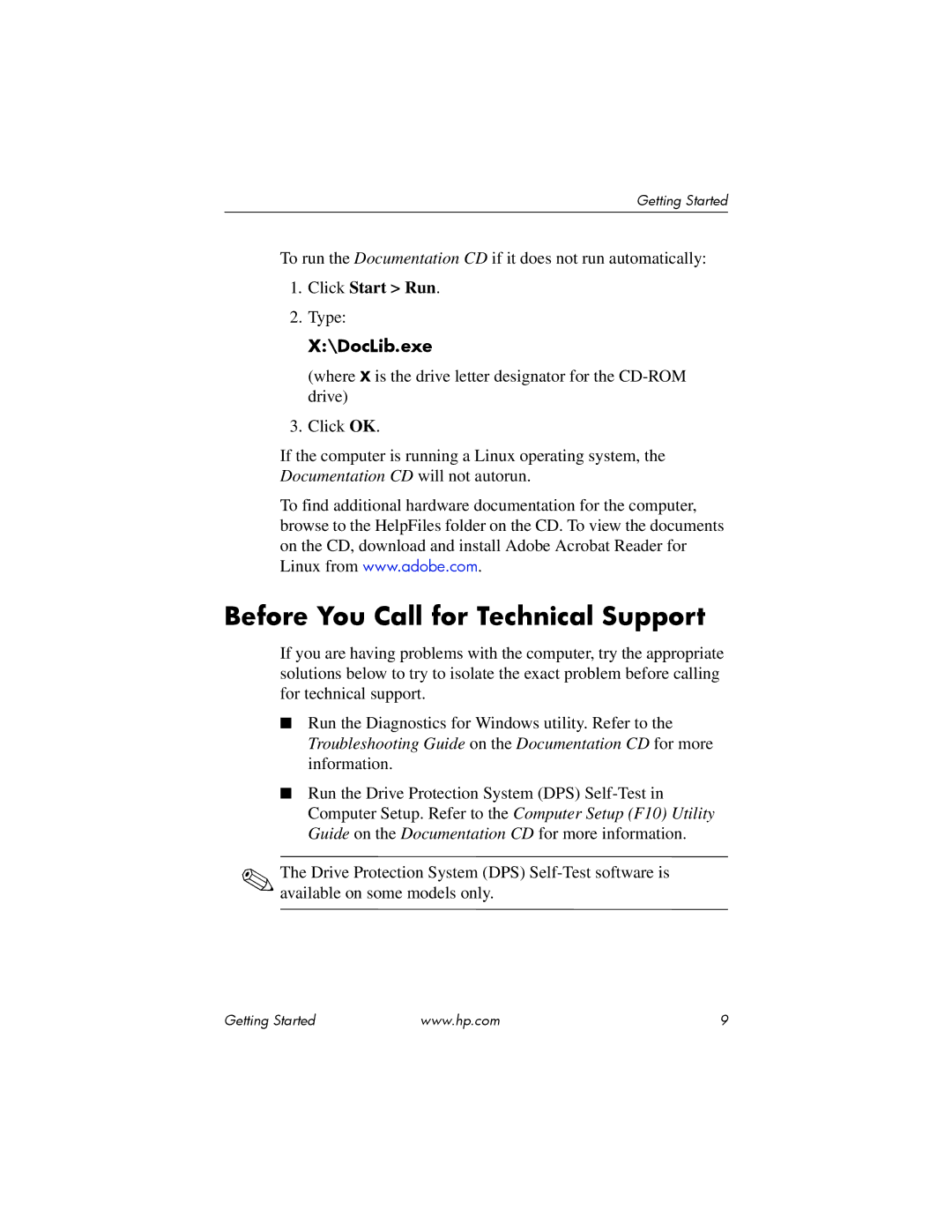 HP DC5100 manual Before You Call for Technical Support, DocLib.exe 