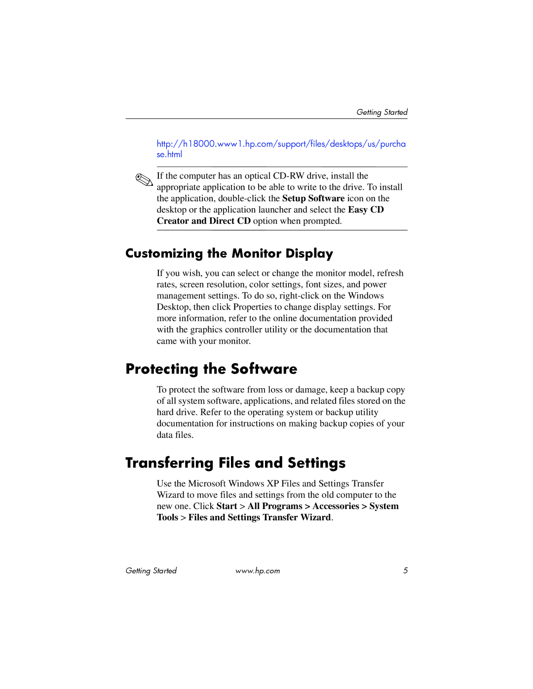 HP DC5100 manual Protecting the Software, Transferring Files and Settings, Customizing the Monitor Display 