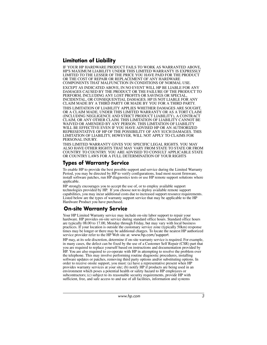 HP DC5100 manual Limitation of Liability, Types of Warranty Service, On-site Warranty Service 