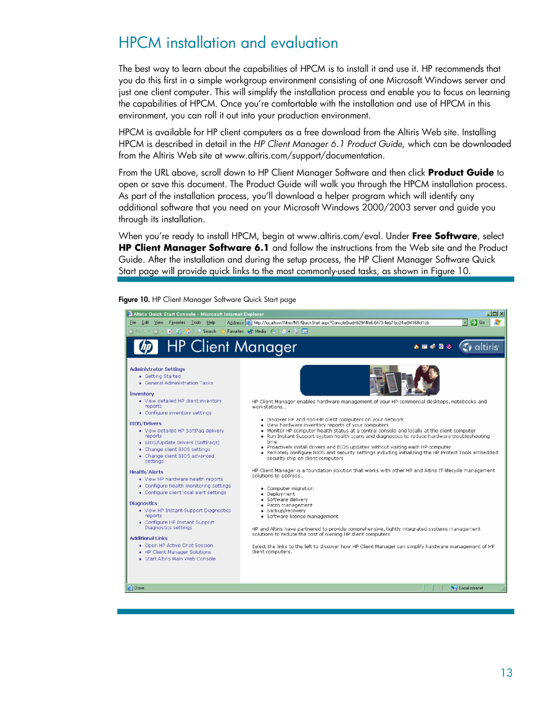 HP DC5100 manual Hpcm installation and evaluation, HP Client Manager Software Quick Start 