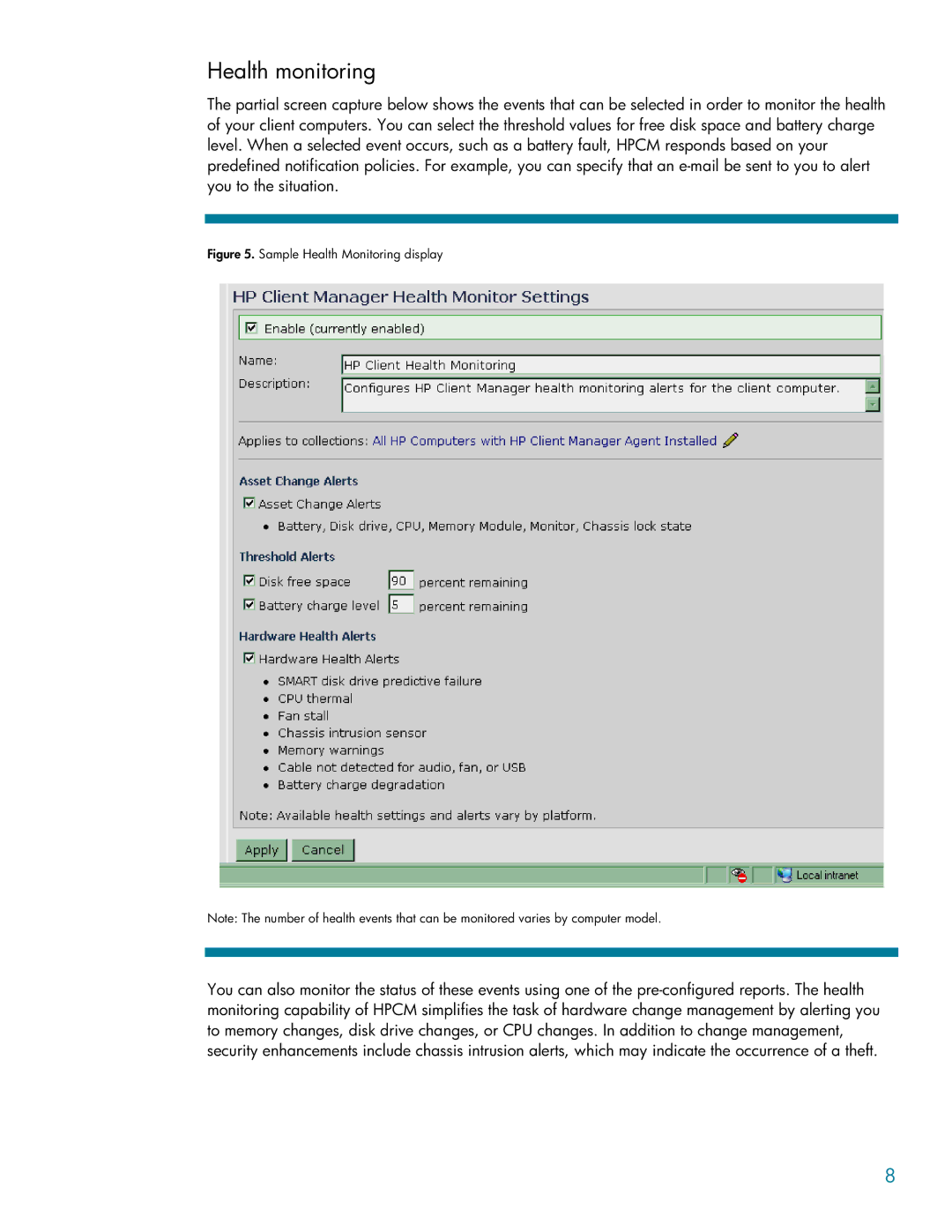 HP DC5100 manual Health monitoring, Sample Health Monitoring display 