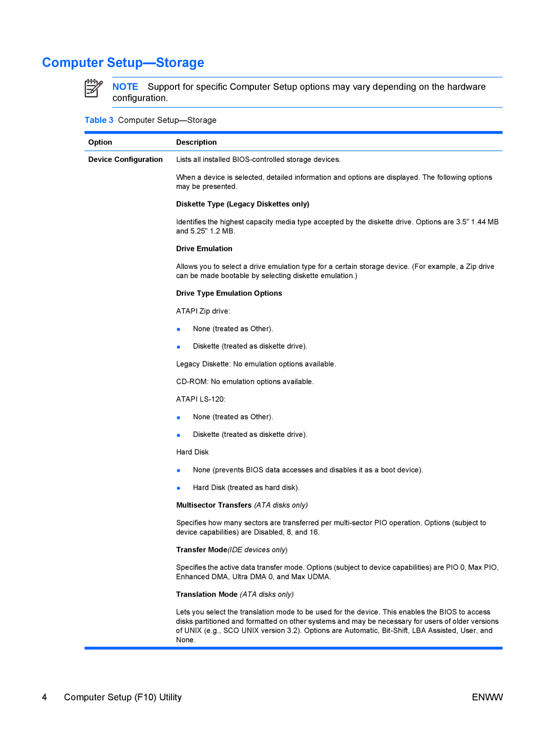 HP dc5700 manual Computer Setup-Storage 