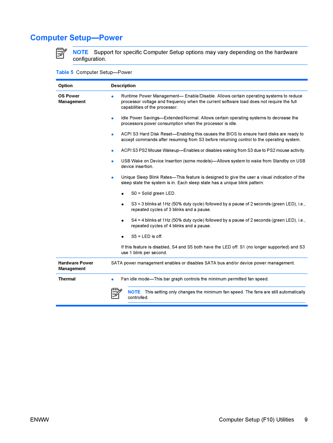 HP dc5700 manual Computer Setup-Power 